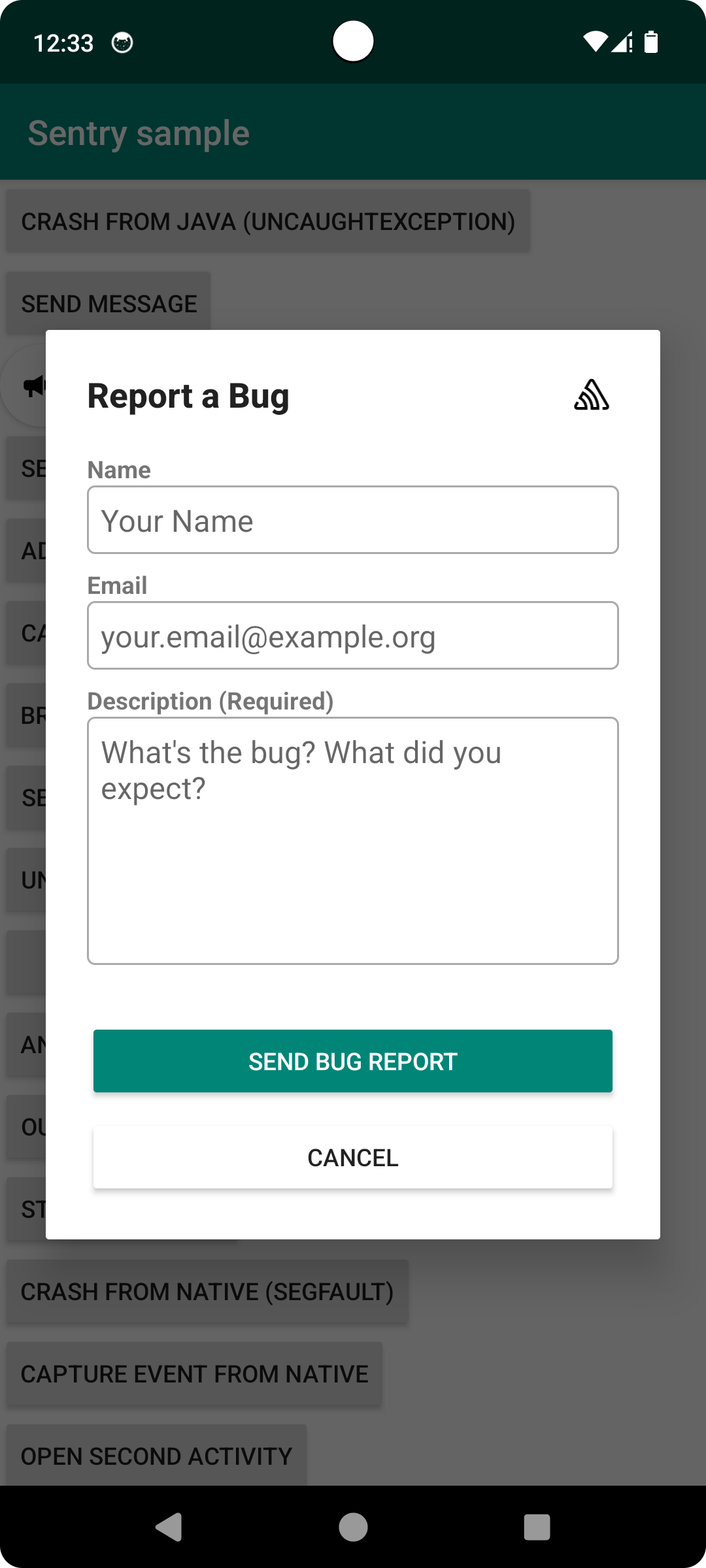An example of the User Feedback Form on Android